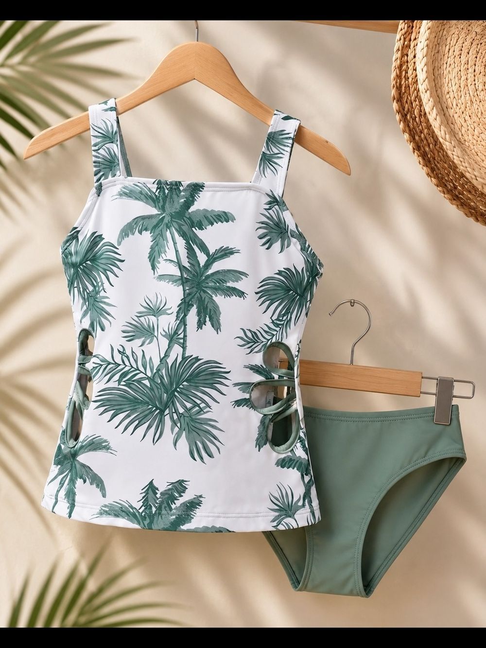 Girls Palm Print Green High-Waisted Tank Swim Set, 2 Piece